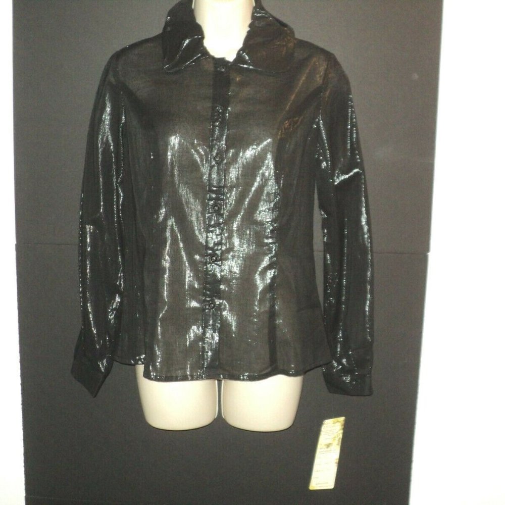 New Lapis Women's sie Small Shiny Sheer Blouse Black Shirt